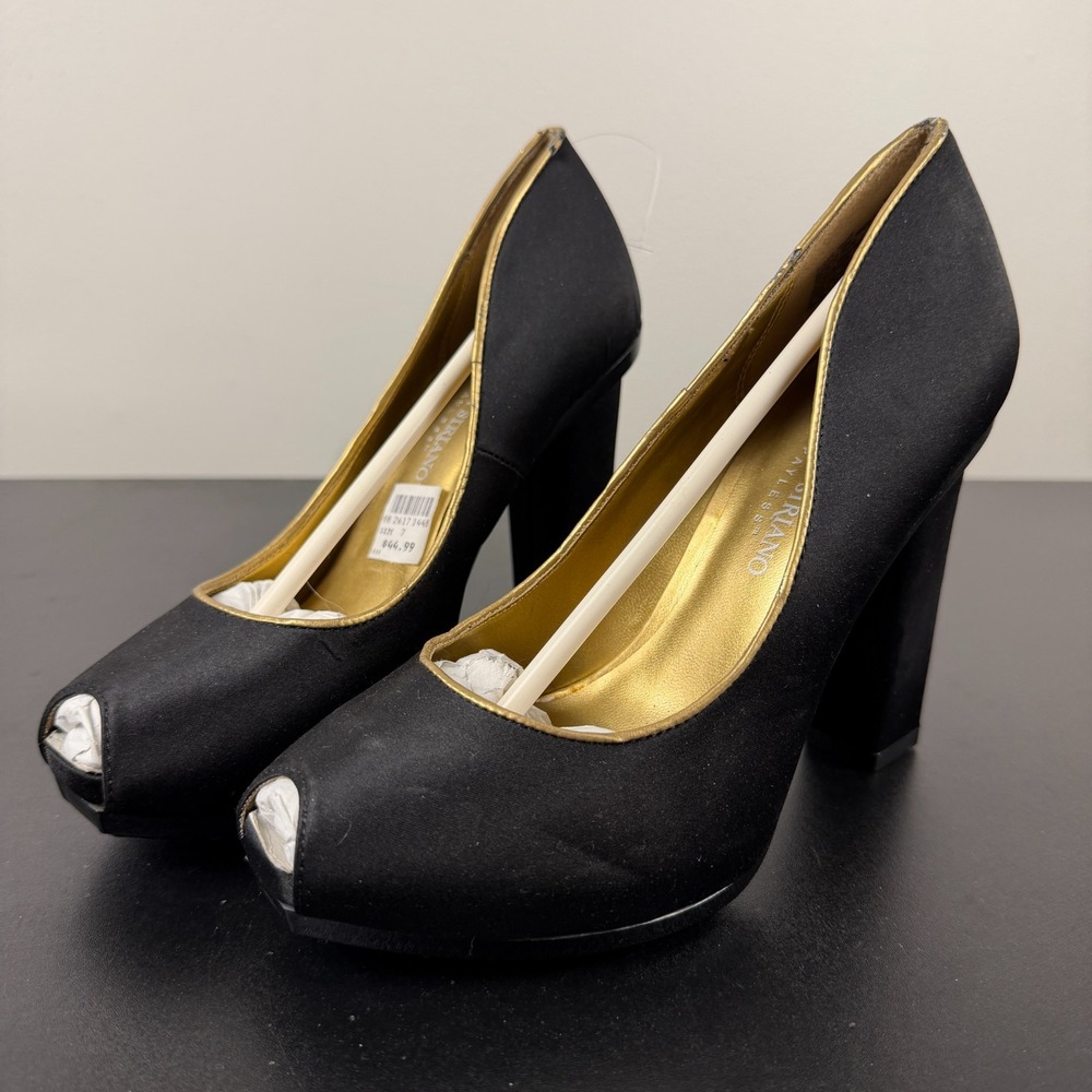 Christian Siriano For Payless Heels Women's 7 Black Satin‎ Gold Trim Peep Toe